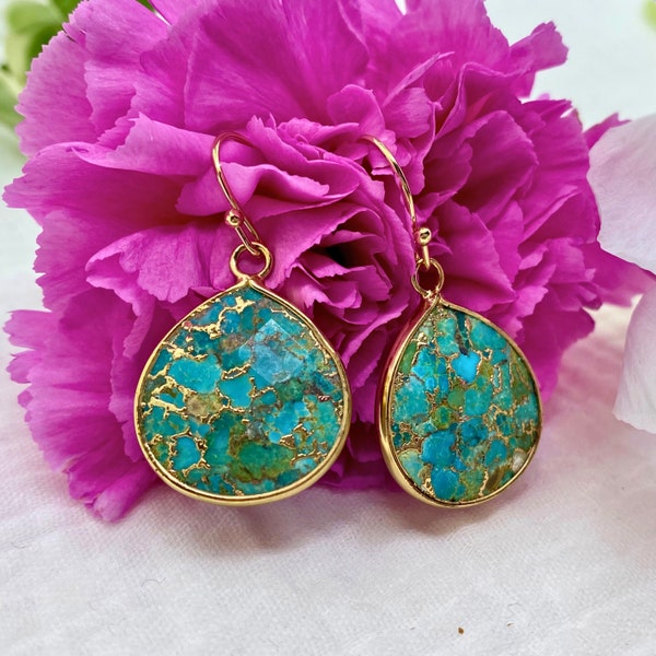 Bali | Boucles d'Oreilles en goutte d'Or | Boucles plaquées Or 18K | Pierre Naturelle de Turquoise | Style Bohème | Cadeau pour elle