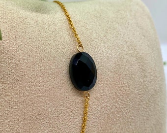 Zéphyr | Bracelet facetté en pierre naturelle d'Onyx Noir | Bracelet en fine chaîne d'Or rempli 14K | Bijoux d'hiver | Cadeau pour elle