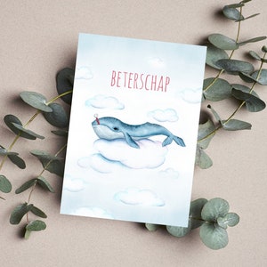 Guérissez bientôt carte de voeux baleine dans le ciel. Format A6 avec enveloppe.