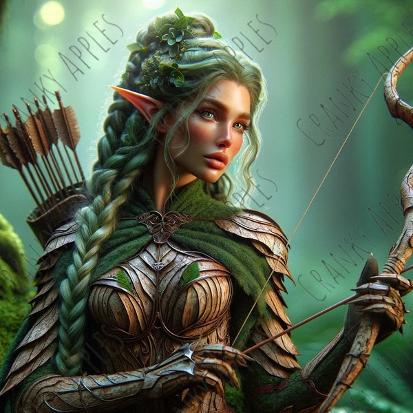 Wood Elf Archer Huntress Elven Armor Digital Art - Instant Download - Fantasy Artwork - Printable PNG File - Gifts Crafting Wall Home Decor