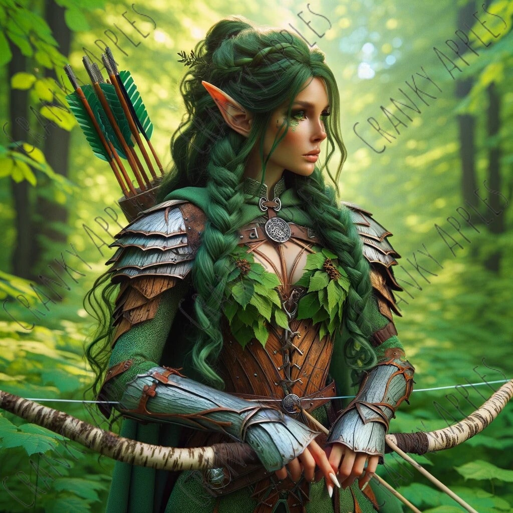 Wood Elf Archer Huntress Double Arrow Digital Art Instant Download