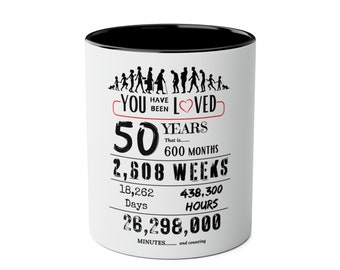 Happy 50th Birthday Gift, Mugs, 2 tone, Boys, Girls, Men, Women, Funny, Age, Facts, Years, Months, Weeks, Days, Hours, Minutes