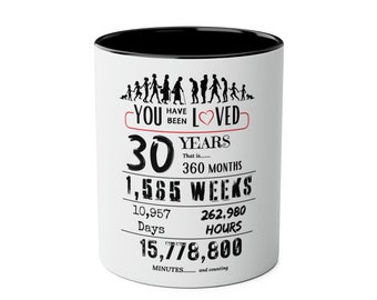 Happy 30th Birthday Gift, Mugs, 2 tone, Boys, Girls, Men, Women, Funny, Age, Facts, Years, Months, Weeks, Days, Hours, Minutes