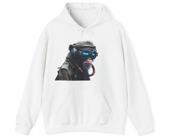 May include: White hooded sweatshirt with a graphic print of a monkey wearing goggles with blue lenses. The monkey is wearing a brown leather jacket and a necklace.