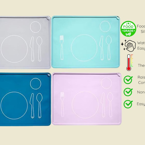 Montessori Food Grade Silicone Kids Rectangle Placemat Practical Skills Cutlery Outline