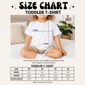 The image is a size chart for a toddler t-shirt, showing measurements for different age groups.