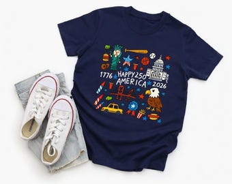 Happy 250 America Shirt, Kids Doodle Patriotic USA Tee, 1776-2026 Anniversary, Liberty Shirt, Fun Kids July 4th, Navy Grey USA Top