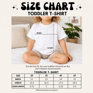 The image is a size chart for a toddler t-shirt, showing measurements for different age groups.