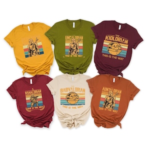Retro Mandalorian-themed graphics with "This is the Way" text on colorful t-shirts.