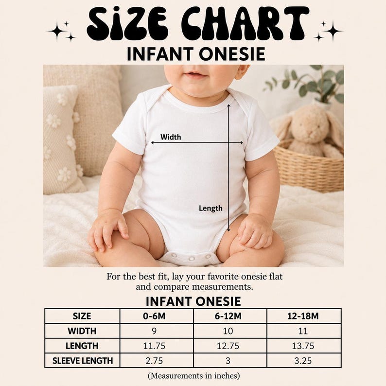The image is a size chart for an infant onesie, providing measurements for different age groups.