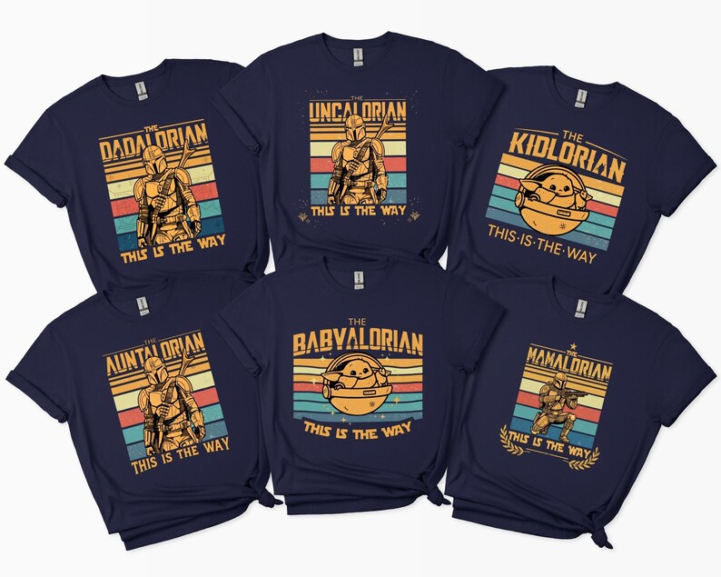 Retro-style Mandalorian-inspired designs with text "This is the Way" on navy t-shirts.