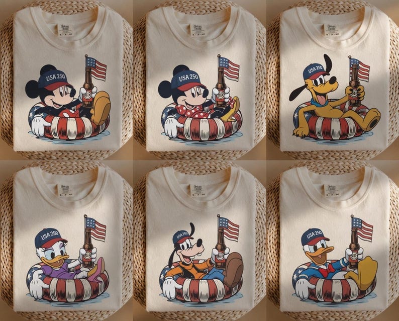 Mickey Mouse in a patriotic theme with "USA 250" on a hat, holding a flag on a t-shirt.