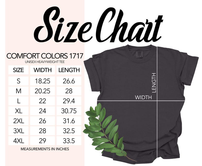 a black t-shirt with size and measurement information, along with a plant leaf for visual appeal.