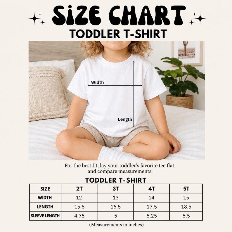 The image is a size chart for a toddler t-shirt, showing measurements for different age groups.