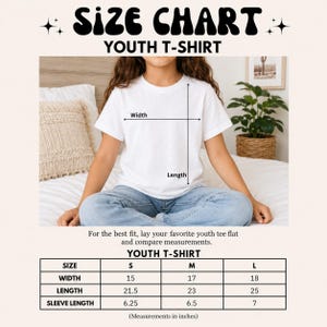 a young girl sitting on a bed, wearing a white youth t-shirt. The image also includes a size chart for the t-shirt, providing measurements for the width, length, sleeve length, and sleeve width.