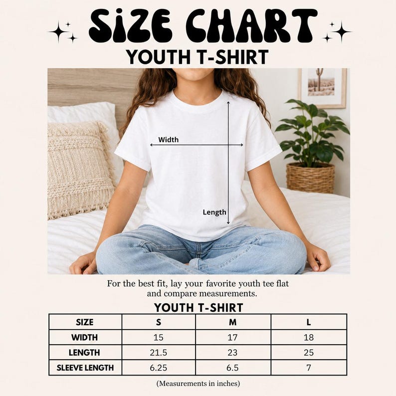 a young girl sitting on a bed, wearing a white youth t-shirt. The image also includes a size chart for the t-shirt, providing measurements for the width, length, sleeve length, and sleeve width.
