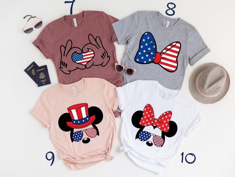 Patriotic Mickey and Minnie designs featuring American flag patterns on t-shirts.