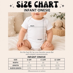 The image is a size chart for an infant onesie, providing measurements for different age groups.