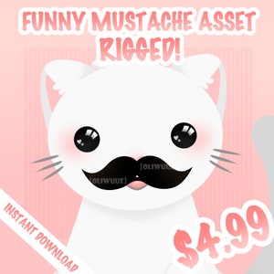 Puede incluir: Un gato blanco con bigote negro y mejillas rosadas. El gato lleva un bigote negro con el texto "[oliwuuz]" en él. El texto "FUNNY MUSTACHE ASSET RIGGED!" está en la parte superior de la imagen. El texto "INSTANT DOWNLOAD" está en la parte inferior izquierda de la imagen. El texto "$4.99" está en la parte inferior derecha de la imagen.
