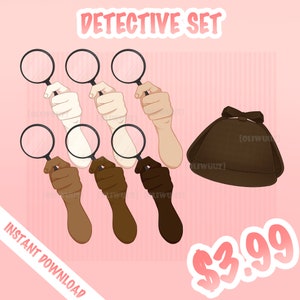 Könnte beinhalten: Ein Set aus fünf digitalen Clipart-Bildern mit Händen, die Lupen halten. Die Hände haben verschiedene Hauttöne. Ein brauner Filz-Detektivhut mit schwarzem Band ist ebenfalls im Set enthalten. Der Text "DETECTIVE SET" befindet sich oben im Bild. Der Text "INSTANT DOWNLOAD" befindet sich unten links im Bild. Der Text "$3.99" befindet sich unten rechts im Bild.