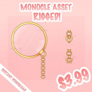 Op de afbeelding: Een gouden monocle met een ketting en twee bedels, een hartvormige en een stervormige. De tekst "MONOCLE ASSET RIGGED!" staat bovenaan de afbeelding. De tekst "INSTANT DOWNLOAD" staat linksonder in de afbeelding. De tekst "$3.99" staat rechtsonder in de afbeelding.