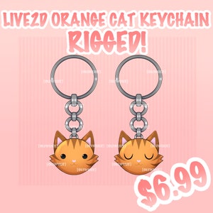 May include: Two orange cat keychains with the text "LIVE2D ORANGE CAT KEYCHAIN RIGGED!". Each keychain features a cartoon cat face with a silver keyring and chain. The cat has brown stripes and a pink background.