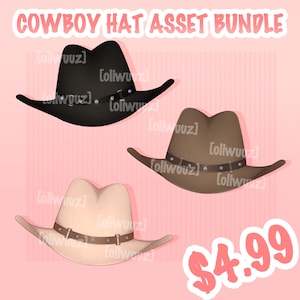 May include: A set of three cowboy hats in black, brown, and beige. Each hat has a brown leather band with metal accents. The hats are displayed against a pink striped background. The text "COWBOY HAT ASSET BUNDLE" is at the top of the image. The price is shown as "$4.99".