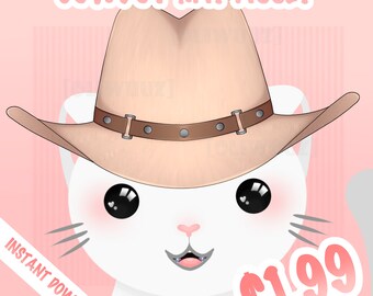 Könnte beinhalten: Eine weiße Katze mit einem braunen Cowboyhut auf dem Kopf. Die Katze hat schwarze Augen und eine rosa Nase. Der Hut hat ein braunes Lederband mit Metallverzierungen. Der Hintergrund ist rosa mit weißen Streifen.