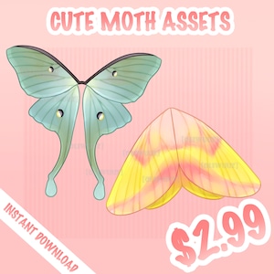 Puede incluir: Dos lindas polillas de dibujos animados, una verde y otra amarilla y rosa, con el texto "Cute Moth Assets" y "Instant Download" y "$2.99" en la imagen.