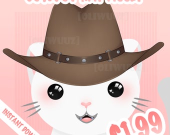 Könnte beinhalten: Digitale Illustration einer weißen Katze mit einem braunen Cowboyhut. Das Bild enthält den Text "COWBOY HAT ASSET" und "INSTANT DOWNLOAD" auf rosa Hintergrund. Die Katze hat große schwarze Augen und rosige Wangen.