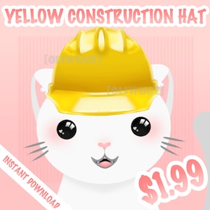 Puede incluir: Ilustración de dibujos animados de un gato blanco con un casco de construcción amarillo. El texto "YELLOW CONSTRUCTION HAT" está en la parte superior e "INSTANT DOWNLOAD" en la parte inferior izquierda. El gato tiene grandes ojos negros y mejillas rosadas.