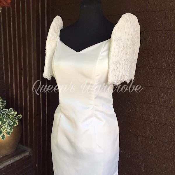 White Filipiniana With Corded Lace Sleeves