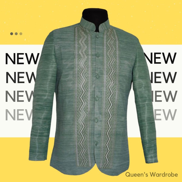 Coat Barong Tagalog Chinese Collar Sage Green Zigzag