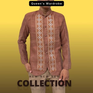 Coat Barong Tagalog Double Collar Choco Brown Ethnic Design / Modern Filipino Barong