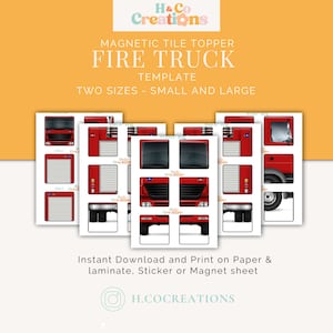 May include: Printable fire truck template for magnetic tile toppers. The template includes different views of the truck, including the front, side, and back. The template is available in two sizes: small and large.