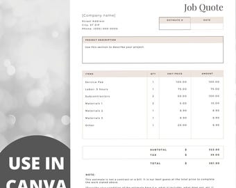 Może przedstawiać: Szablon oferty pracy z beżowym tłem. Szablon zawiera sekcje na informacje o firmie, opis projektu, pozycje, ilość, cenę jednostkową, kwotę, sumę częściową, podatek i sumę całkowitą. Szablon zawiera również sekcję z notatką.