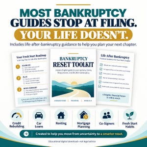 Può includere: Una guida digitale Bankruptcy Reset Toolkit composta da tre documenti: Your Fresh Start Roadmap, la copertina principale con un paesaggio montano e Life After Bankruptcy. Include icone per credito, auto, affitto e mutui.