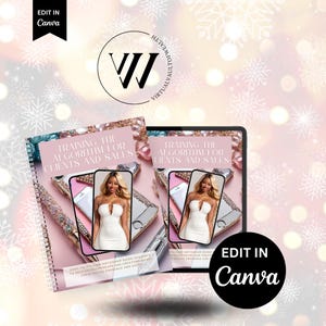 Może przedstawiać: Różowo-biały planner cyfrowy z tekstem "Training the Algorithm for Clients and Sales" na okładce. Planner przedstawia kobietę w białej sukience i telefon z błyszczącym etui. Planner został zaprojektowany, aby pomóc użytkownikom w nauce korzystania z algorytmu w celu rozwoju swojej firmy.