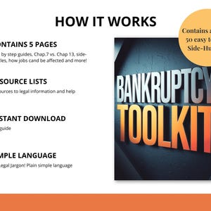 以下が含まれることがあります： 黄色い背景の「Bankruptcy Toolkit」というタイトルのデジタルガイド。このガイドには、5ページ、リソースリスト、インスタントダウンロードが含まれています。また、始めることができる50の副業のリストも含まれています。