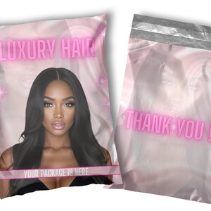 May include: Pink and white poly mailers with a woman's face and the text "LUXURY HAIR" and "THANK YOU!" printed on them.