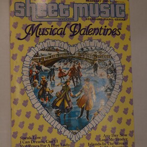 May include: A yellow and purple magazine cover with the title "Sheet Music" and the subtitle "Musical Valentines". The cover features an illustration of a winter scene with people ice skating on a frozen lake. The magazine is from February 1995.