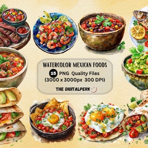 watercolor mexican foods clipart Tacos, burritos, guacamole, and more - for commercial use and others - 15 PNG files format instant download