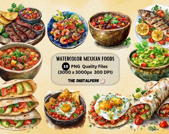 clipart de alimentos mexicanos em aquarela Tacos, burritos, guacamole e muito mais - para uso comercial e outros - download instantâneo de 15 arquivos PNG