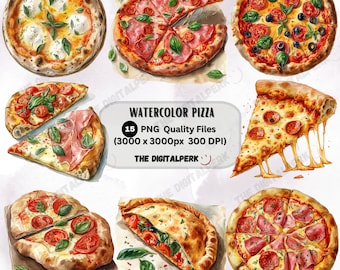 May include: Watercolor illustrations of different types of pizza, including a classic pepperoni pizza, a pizza with mozzarella cheese, a pizza with ham and mushrooms, a calzone, and a pizza with sausage and peppers. The illustrations are all in a realistic style and feature vibrant colors.