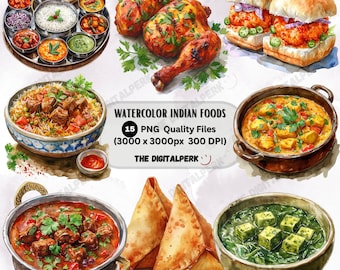 watercolor indian foods clipart, biryani, samosas, and more! - for commercial use and others - 15 PNG files format instant download