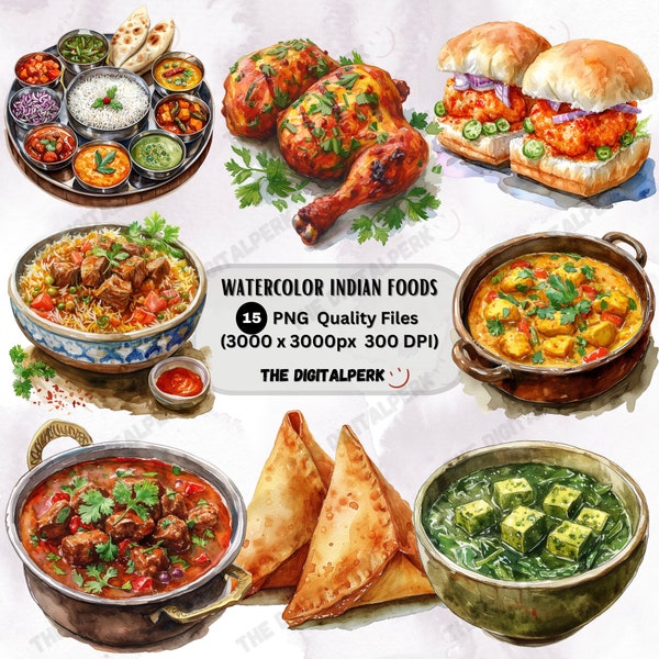 watercolor indian foods clipart, biryani, samosas, and more! - for commercial use and others - 15 PNG files format instant download