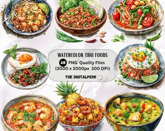 watercolor thai foods clipart ,pad thai ,tomyum soup ,and more! - for commercial use and others - 19 PNG files format instant download