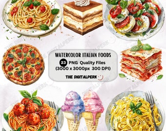 Aquarell italienisches Essen Clipart, Pizza, Pasta, Tiramisu und mehr! - für kommerzielle Nutzung und andere - 23 PNG-Dateien Format sofortiger Download