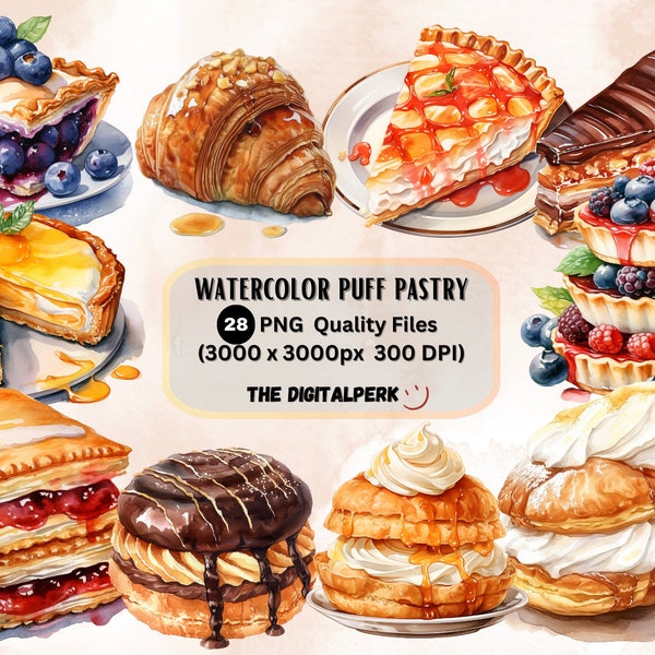 watercolor puff pastry clipart - for commercial use and others - 28 PNG files format instant download.