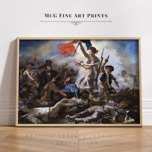 May include: A painting depicting a scene of the French Revolution. A woman in a white dress holds a flag with the colors red, white, and blue.  The painting is titled "Realist Artists (Various) Collection".